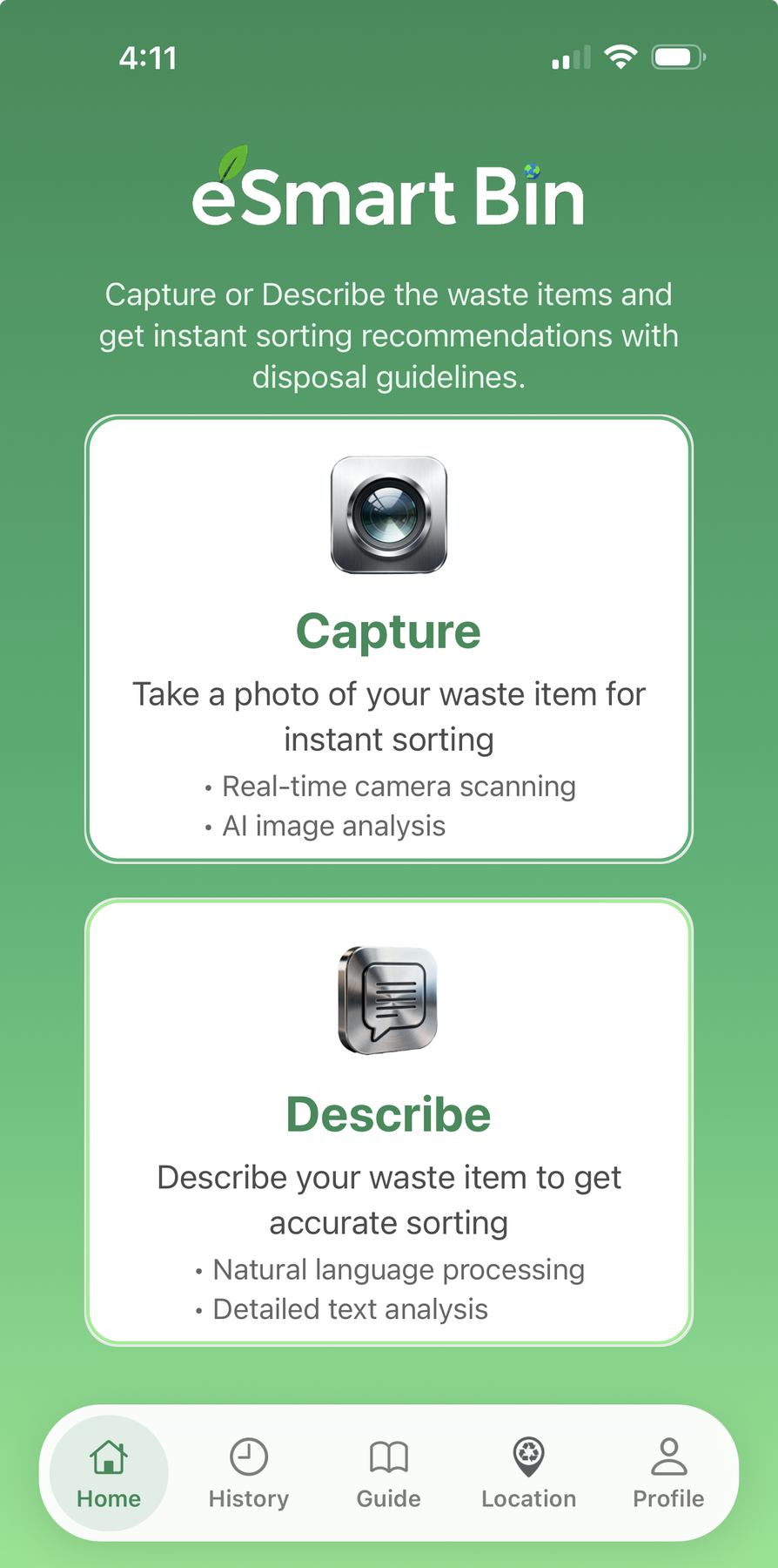 eSmart Bin app home screen showing Capture and Describe options